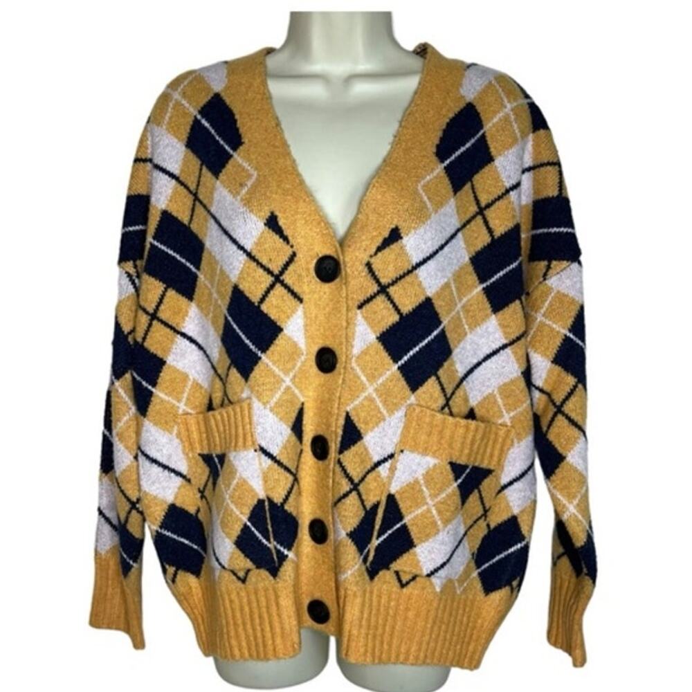🌻Argyle Oversized Knit Cardigan Button Front Preppy Academia Y2K Goth Size XXXL